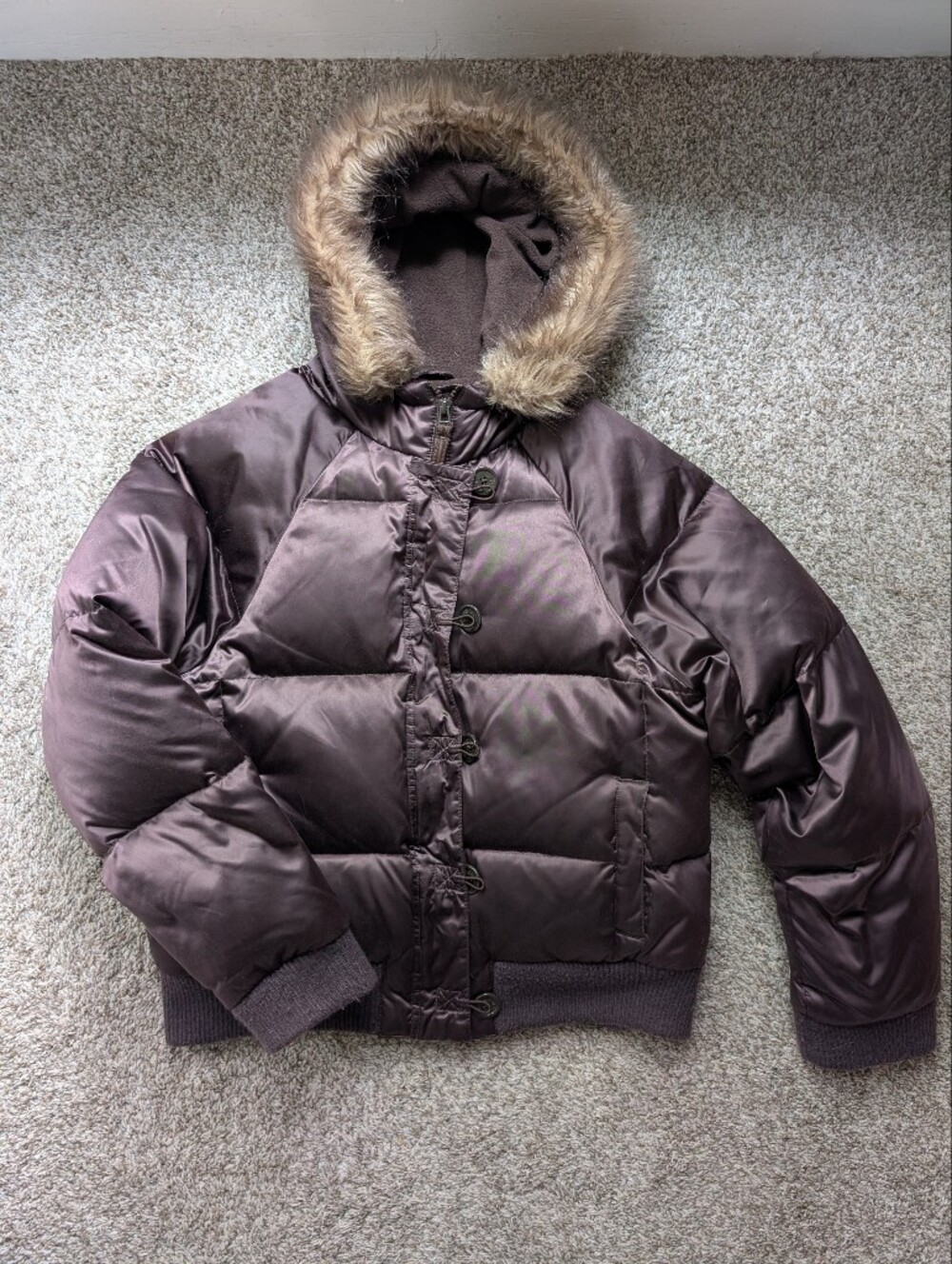 Vtg Y2K Old Navy Puffer Jacket with Faux Fur Hood - Dark Brown Sz L Feather Down